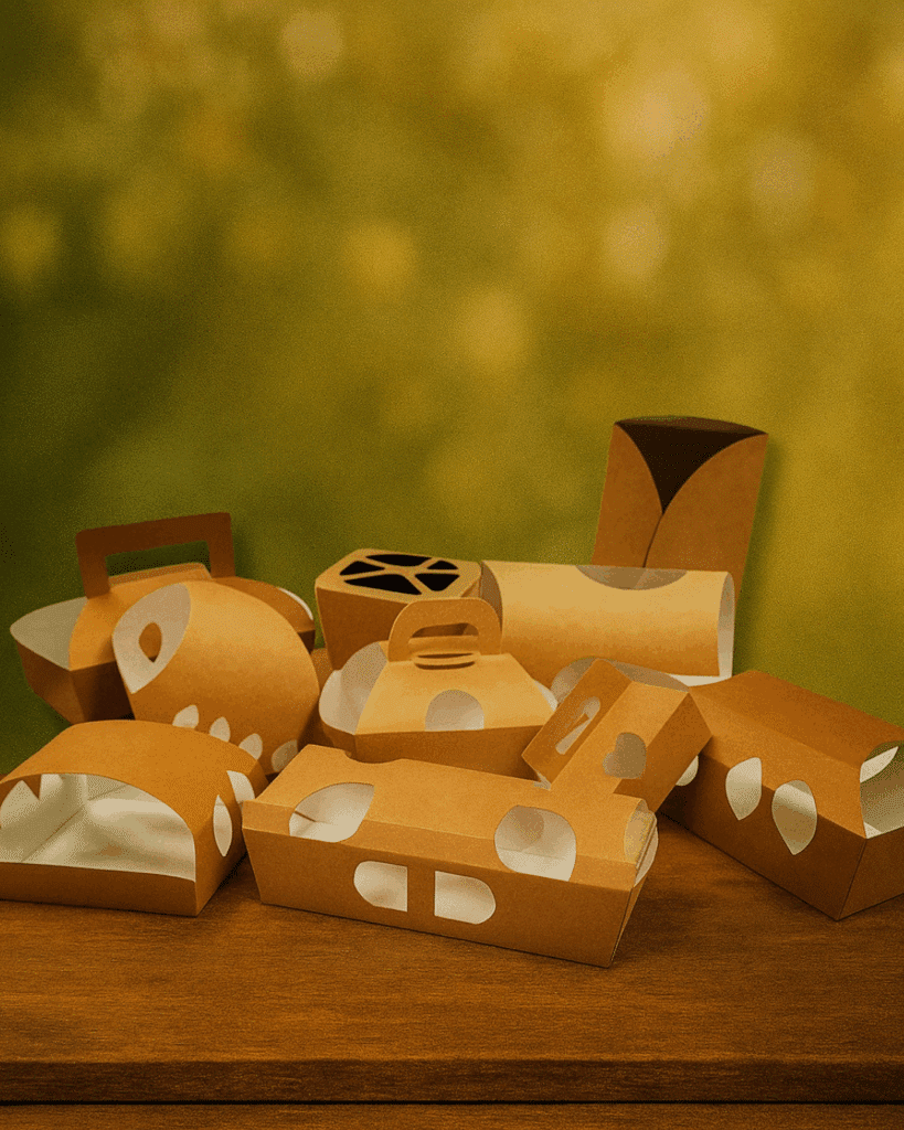 Différents modèles de barquettes carton fruits et légumes sur fond blanc
